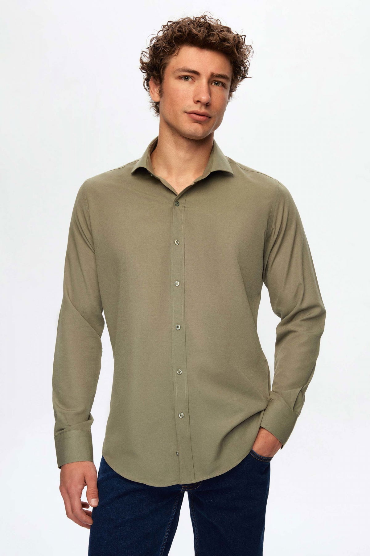 Ds Damat Slim Fit Italian Collar Slim Cut Classic Tie Long-Sleeve Easy-Iron Breathable Shirt  - Khaki