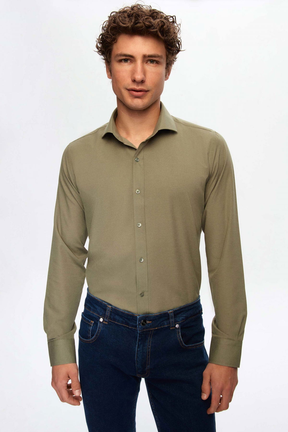 Ds Damat Slim Fit Italian Collar Slim Cut Classic Tie Long-Sleeve Easy-Iron Breathable Shirt  - Khaki