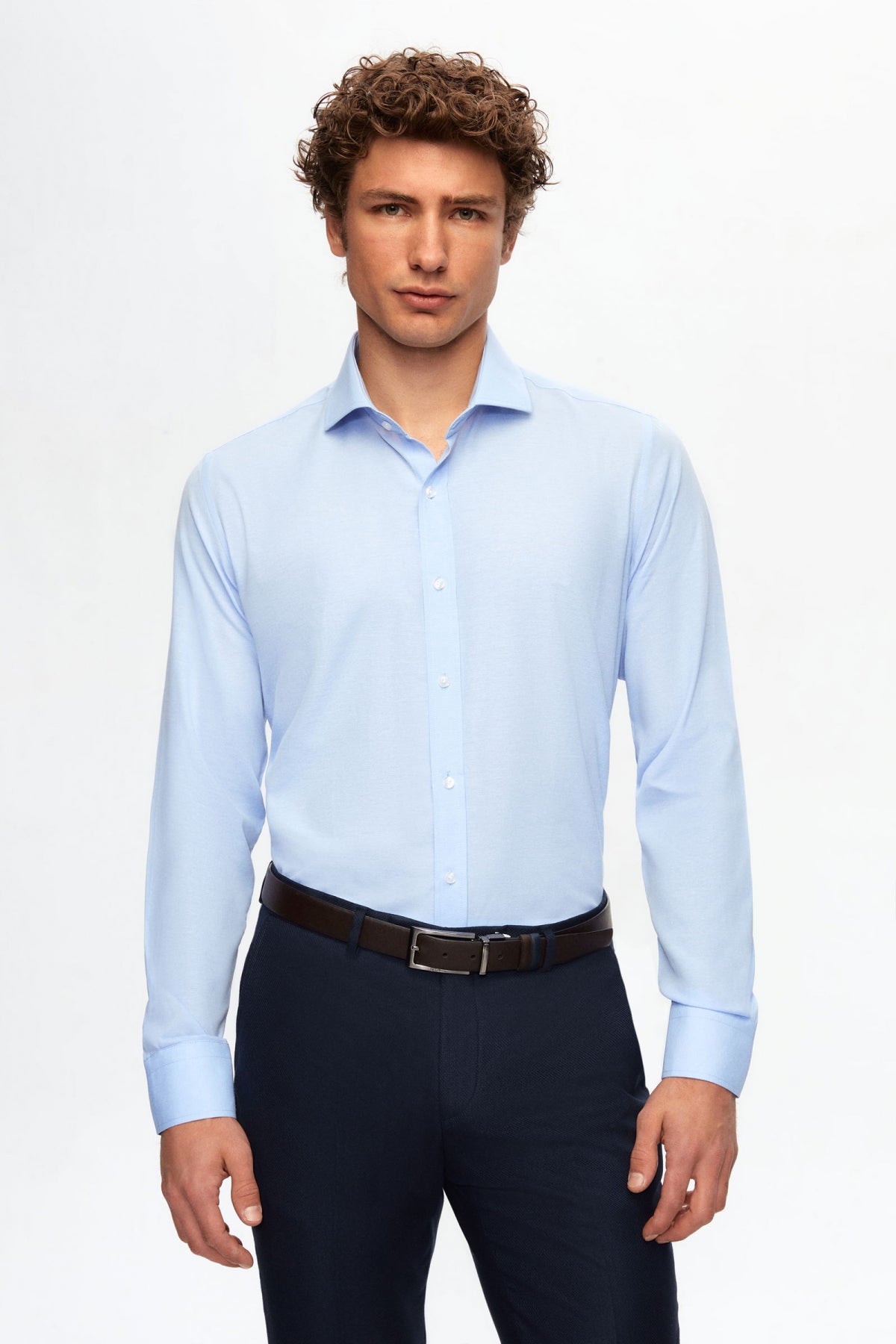 Ds Damat Slim Fit Italian Collar Slim Cut Classic Tie Long-Sleeve Easy-Iron Breathable Shirt  - Light Blue