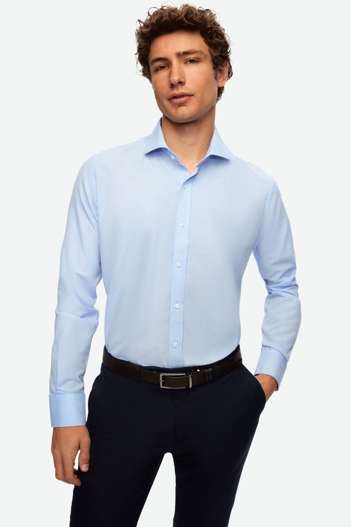 Ds Damat Slim Fit Italian Collar Slim Cut Classic Tie Long-Sleeve Easy-Iron Breathable Shirt  - Light Blue