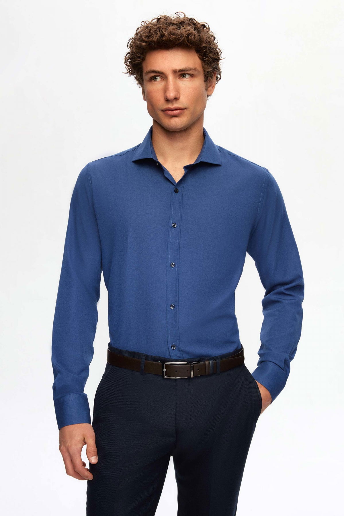 Ds Damat Slim Fit Italian Collar Slim Cut Classic Tie Long-Sleeve Easy-Iron Breathable Shirt  - Navy Blue