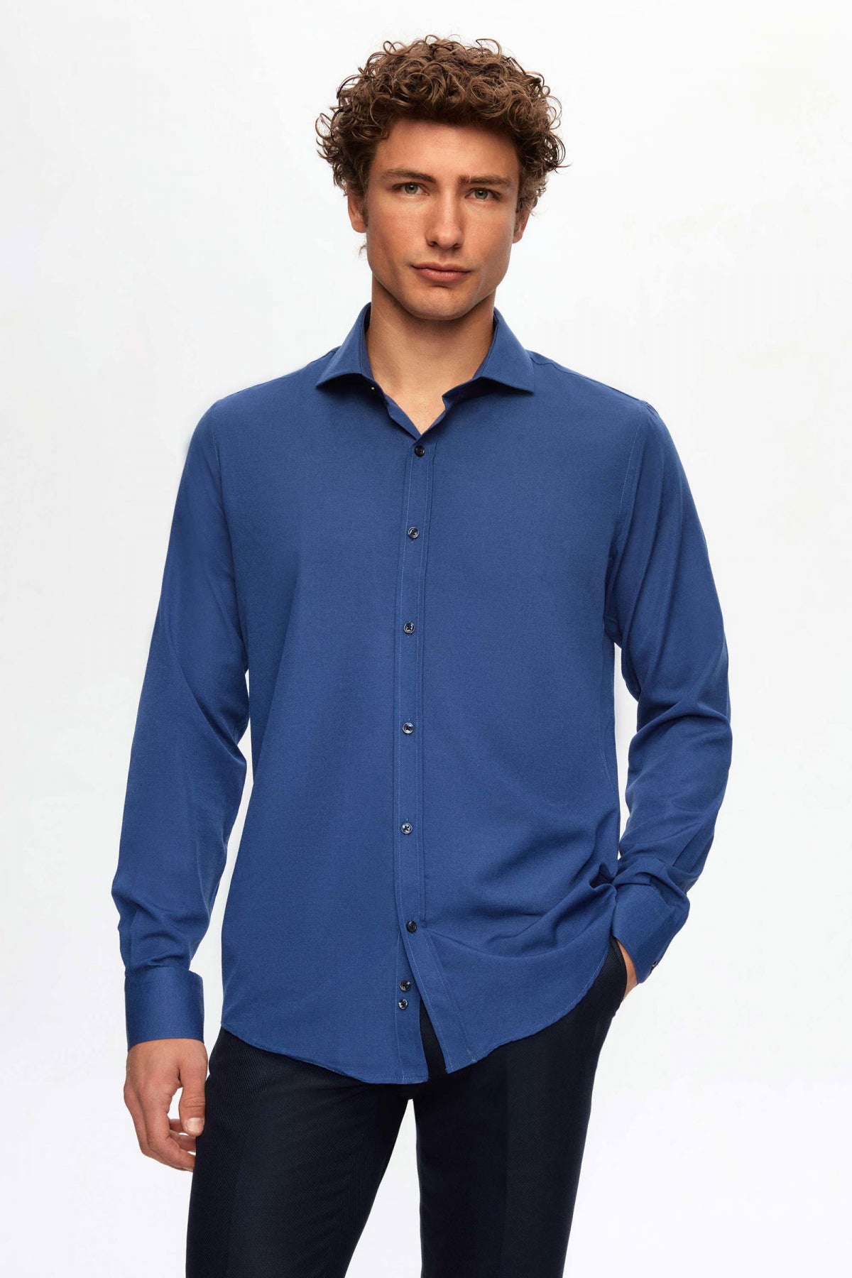 Ds Damat Slim Fit Italian Collar Slim Cut Classic Tie Long-Sleeve Easy-Iron Breathable Shirt  - Navy Blue
