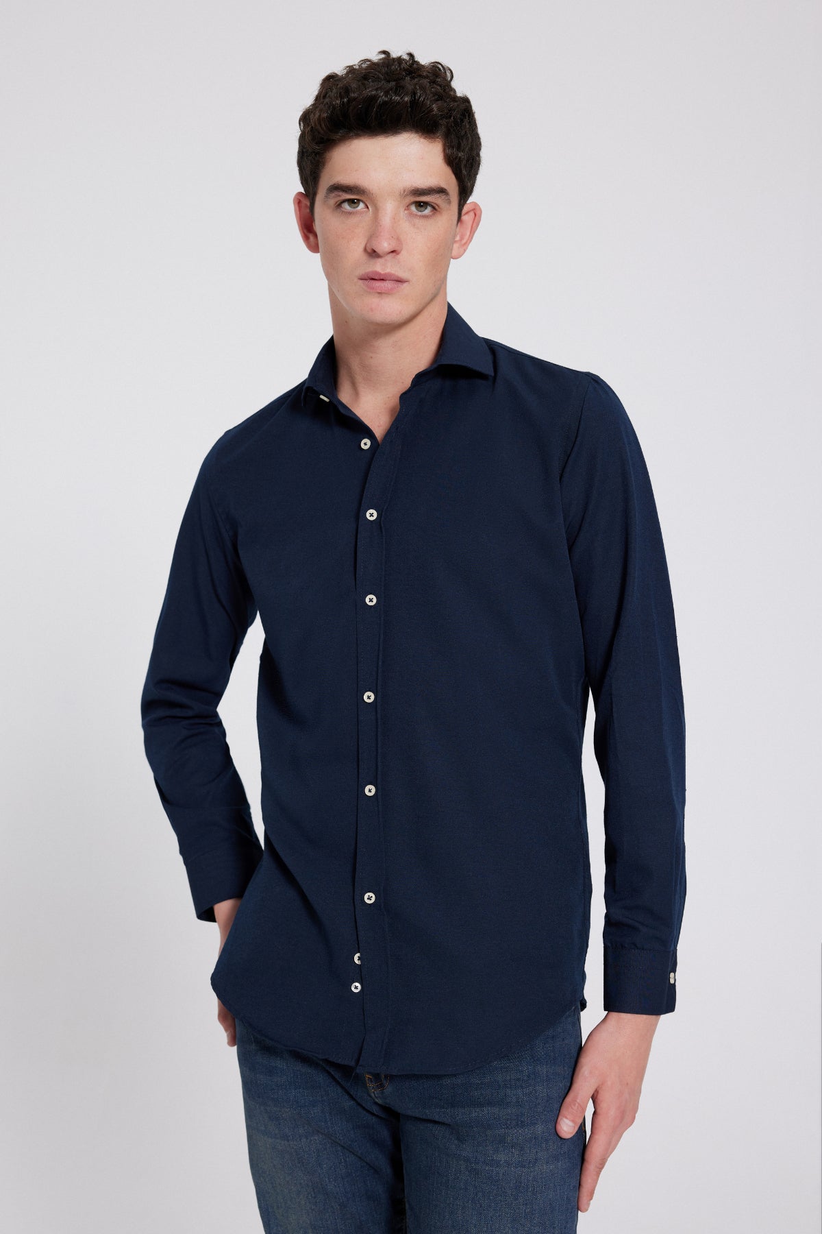 Ds Damat Slim Fit Italian Collar Slim Cut Classic Tie Long-Sleeve Easy-Iron Breathable Shirt  - Navy Blue