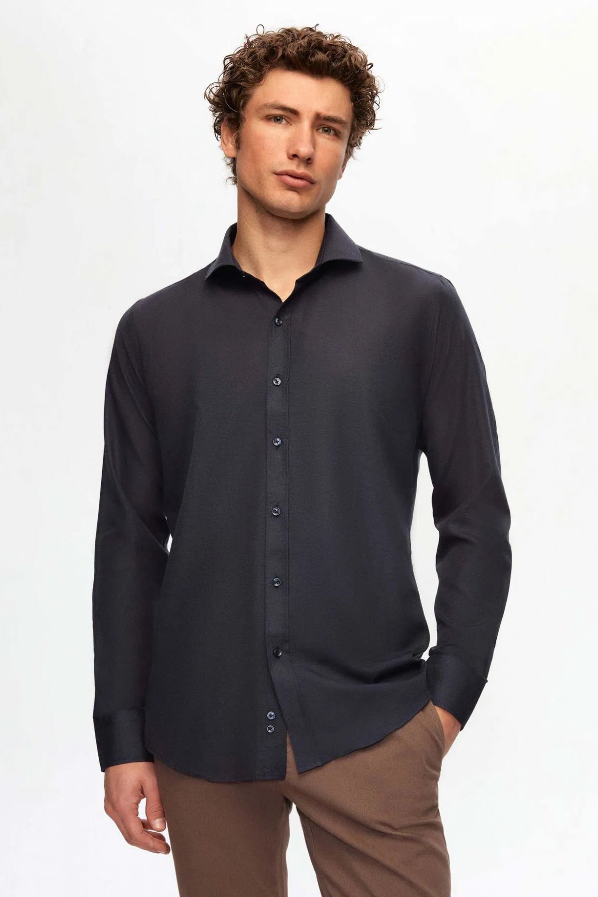 Ds Damat Slim Fit Italian Collar Slim Cut Classic Tie Long-Sleeve Easy-Iron Breathable Shirt  - Navy Blue