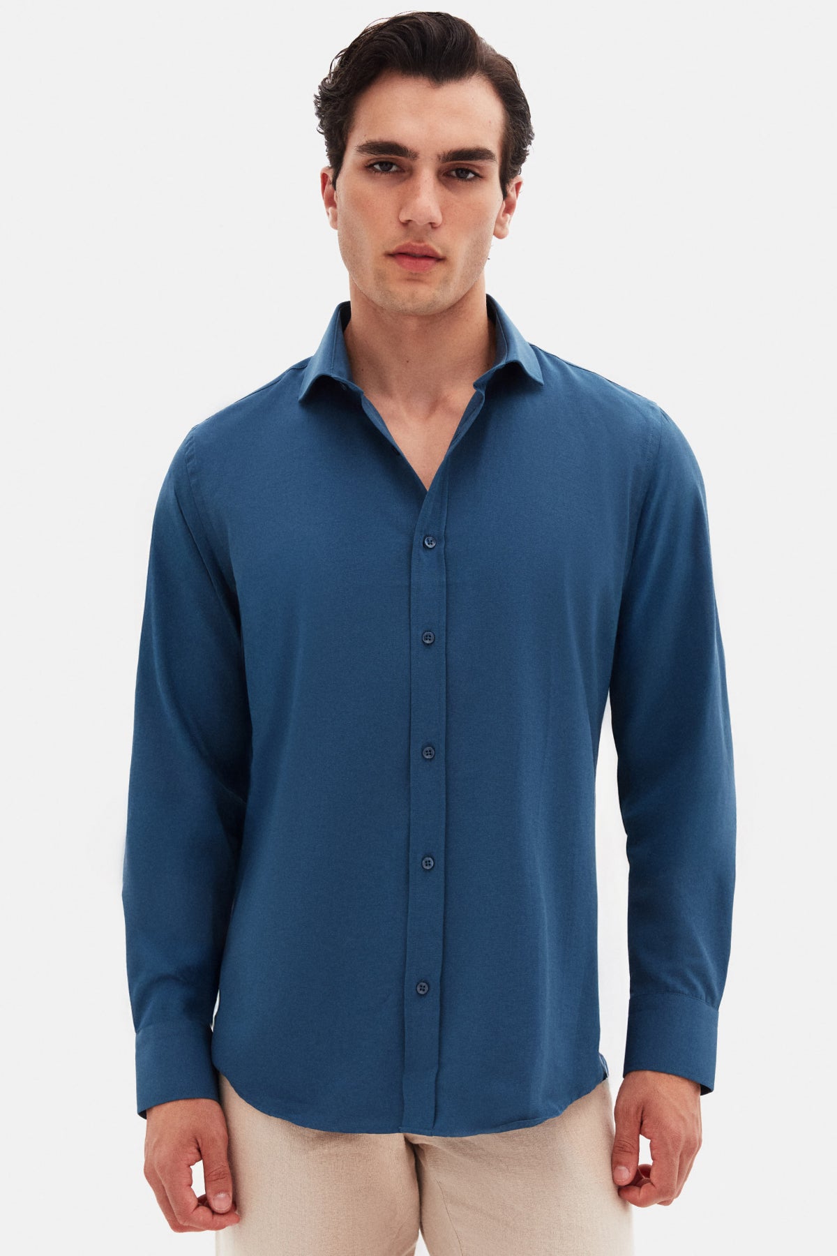 Ds Damat Slim Fit Italian Collar Slim Cut Classic Tie Long-Sleeve Easy-Iron Breathable Shirt  - Petrol