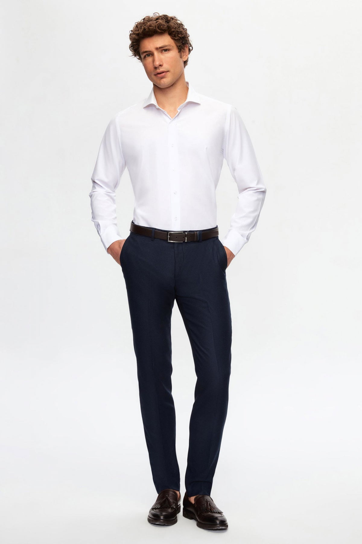 Ds Damat Slim Fit Italian Collar Slim Cut Classic Tie Long-Sleeve Easy-Iron Breathable Shirt  - White