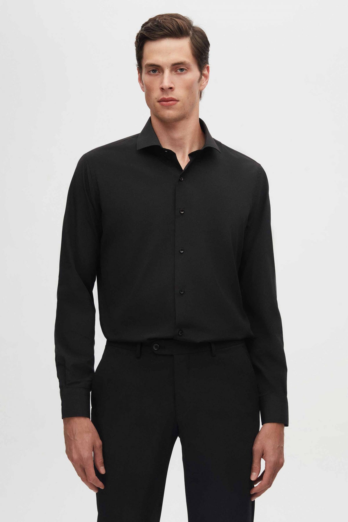 Ds Damat Slim Fit Italian Collar Slim Cut Classic Tie Long Sleeve Easy Iron Breathable Shirt  - Black