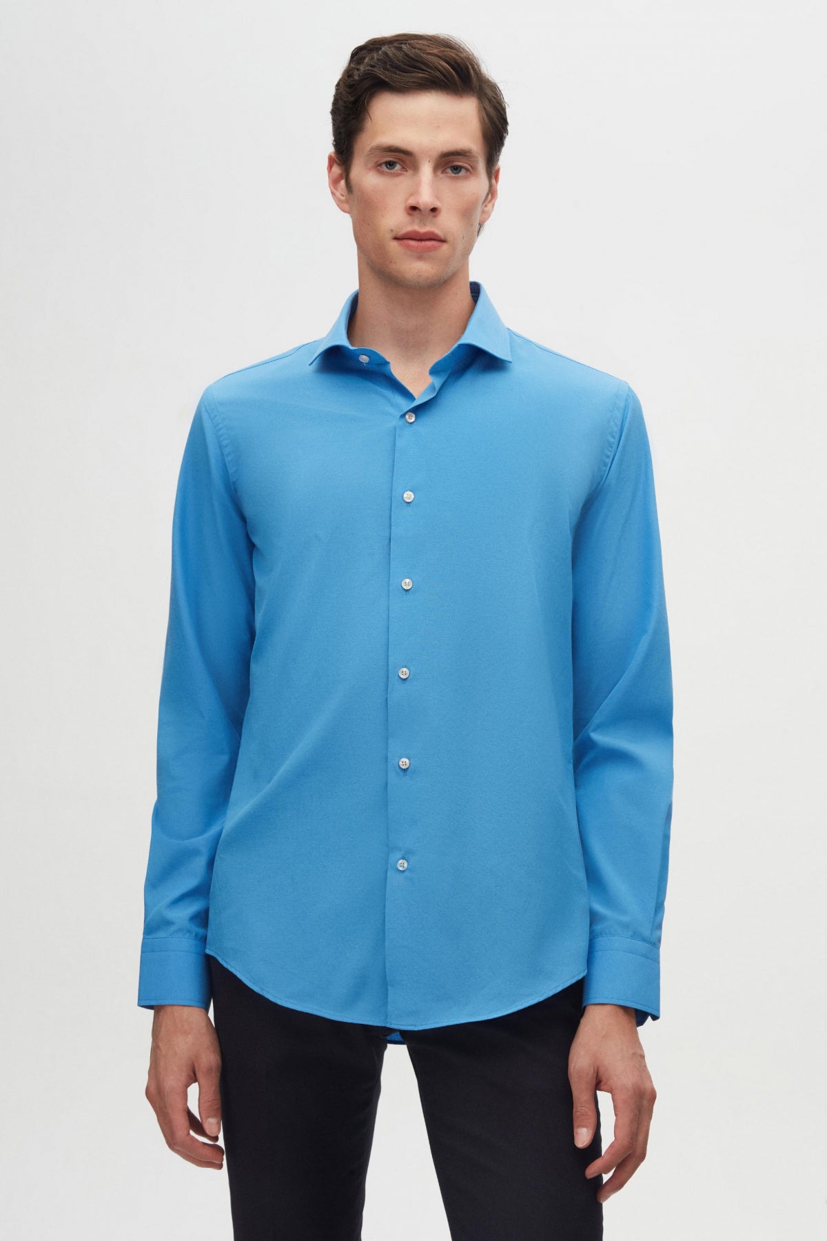Ds Damat Slim Fit Italian Collar Slim Cut Classic Tie Long Sleeve Easy Iron Breathable Shirt  - Blue