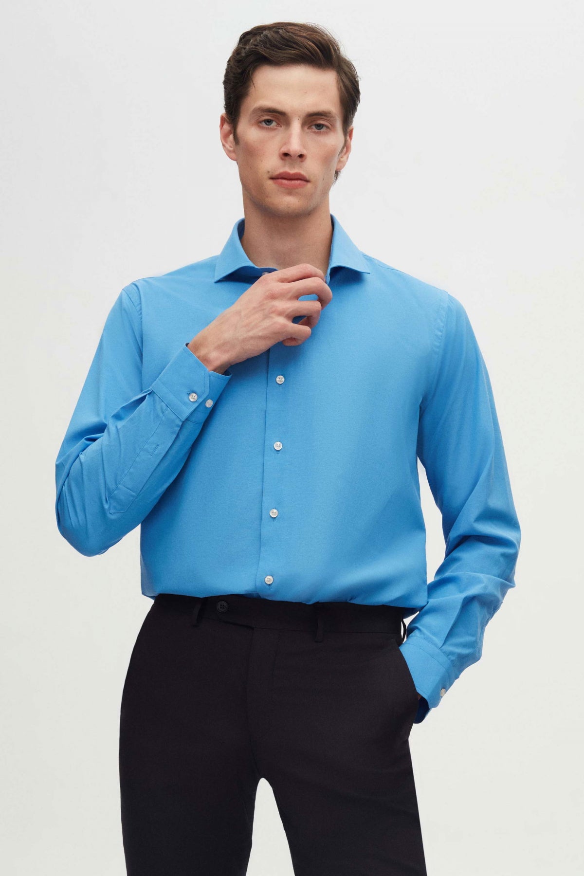 Ds Damat Slim Fit Italian Collar Slim Cut Classic Tie Long Sleeve Easy Iron Breathable Shirt  - Blue