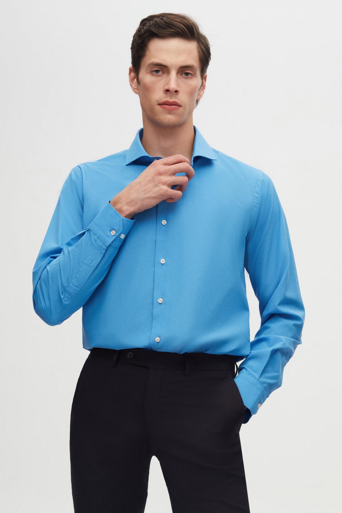 Ds Damat Slim Fit Italian Collar Slim Cut Classic Tie Long Sleeve Easy Iron Breathable Shirt  - Blue