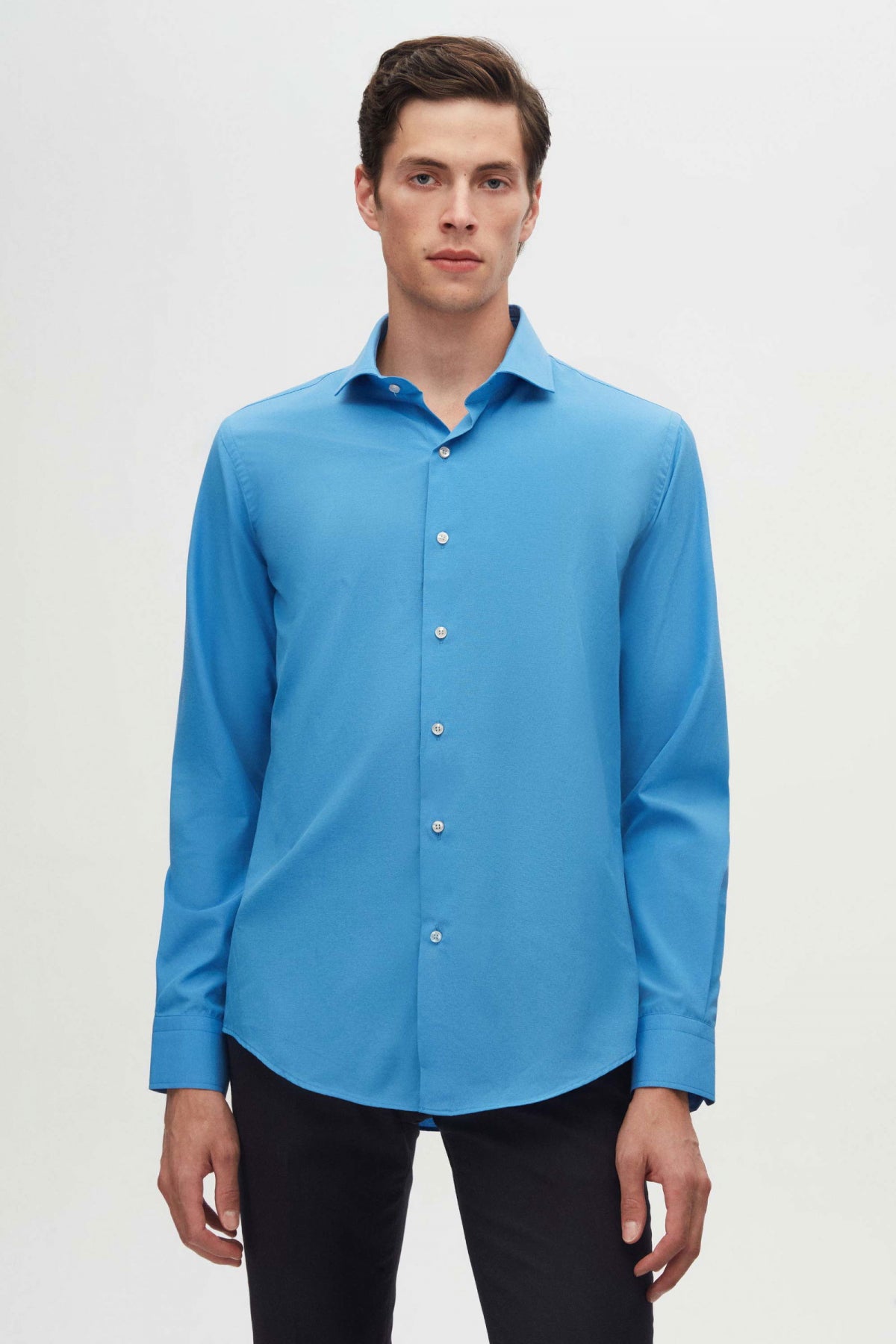 Ds Damat Slim Fit Italian Collar Slim Cut Classic Tie Long Sleeve Easy Iron Breathable Shirt  - Blue