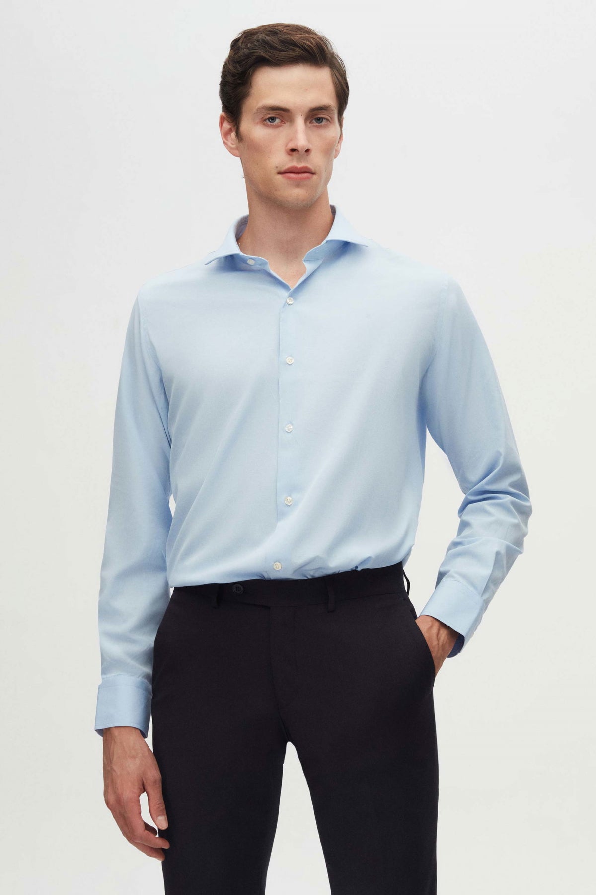 Ds Damat Slim Fit Italian Collar Slim Cut Classic Tie Long Sleeve Easy Iron Breathable Shirt  - Light Blue