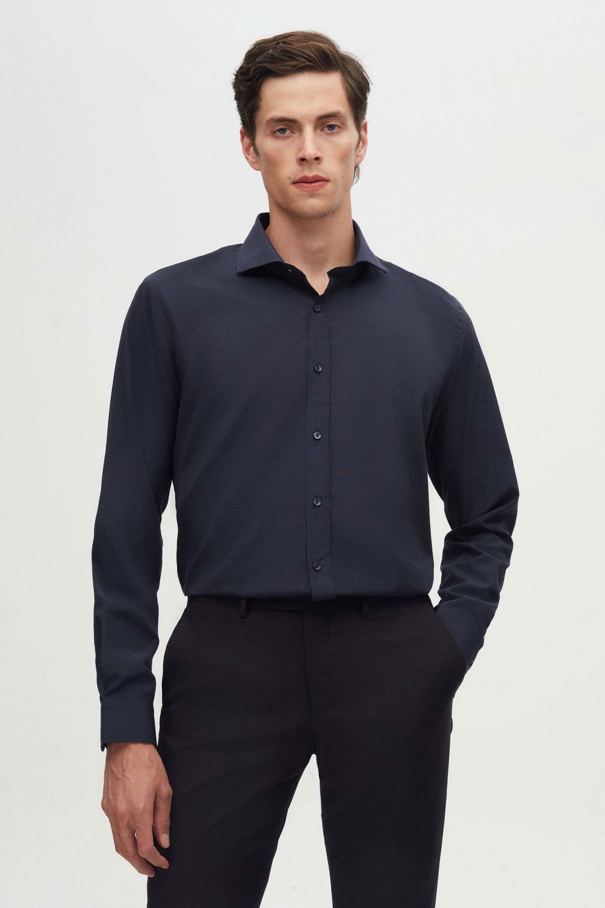 Ds Damat Slim Fit Italian Collar Slim Cut Classic Tie Long Sleeve Easy Iron Breathable Shirt  - Navy Blue