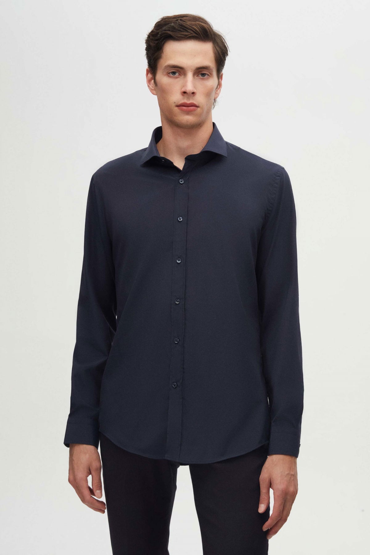 Ds Damat Slim Fit Italian Collar Slim Cut Classic Tie Long Sleeve Easy Iron Breathable Shirt  - Navy Blue
