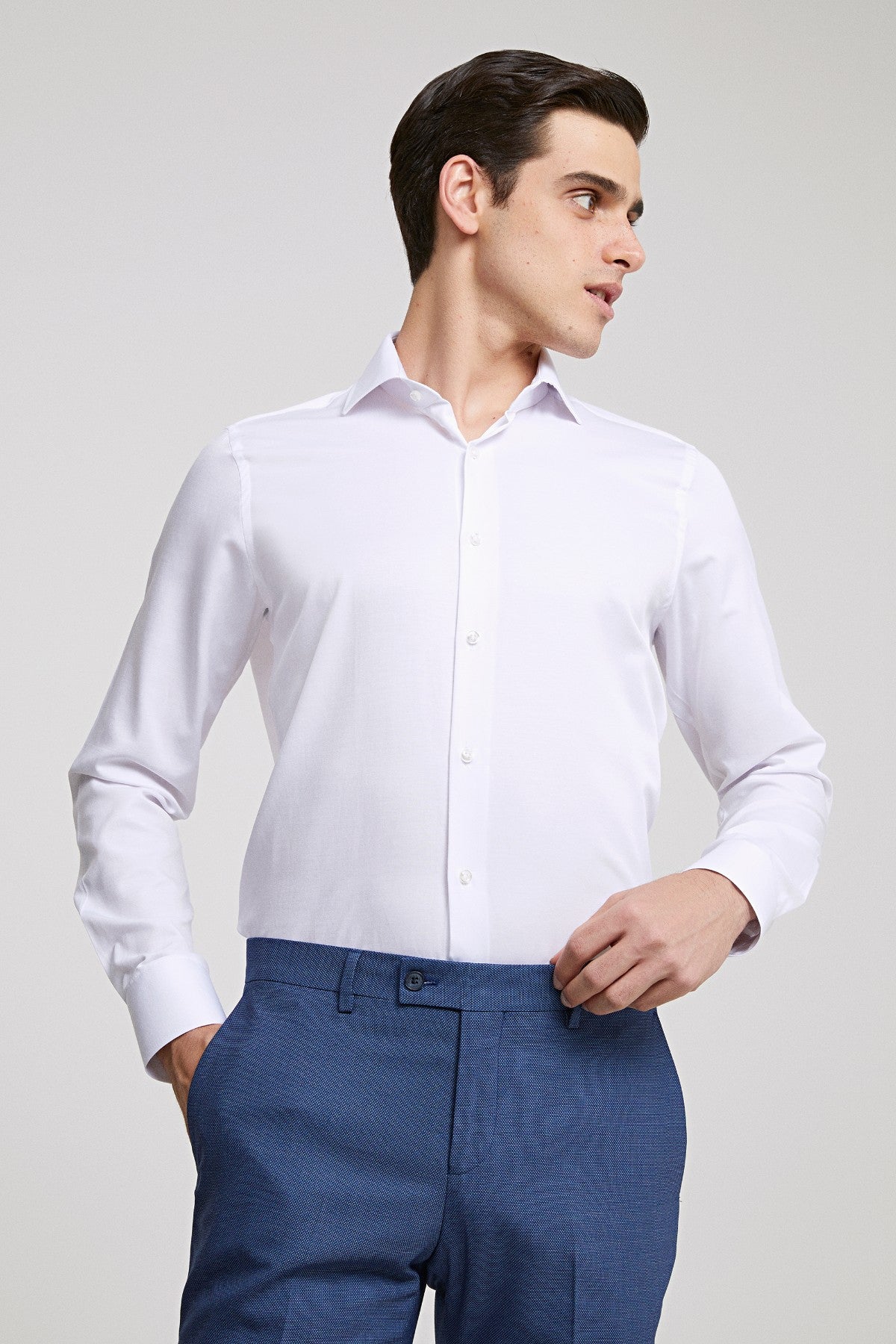 Ds Damat Slim Fit Italian Collar Slim Cut Classic Tie Long Sleeve Easy Iron Breathable Shirt  - White