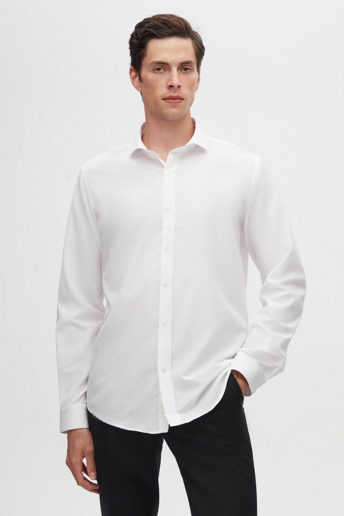 Ds Damat Slim Fit Italian Collar Slim Cut Classic Tie Long Sleeve Easy Iron Breathable Shirt  - White