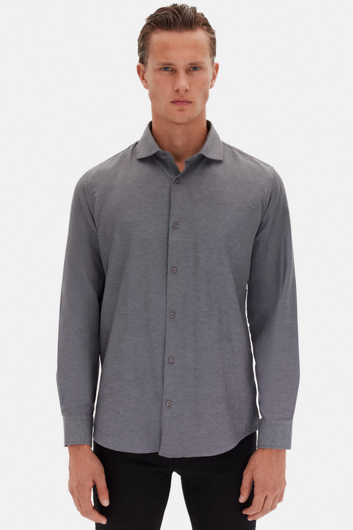 Ds Damat Slim Fit Italian Collar Textured Long-Sleeve Easy-Iron Breathable Four-Season Shirt  - Anthracite