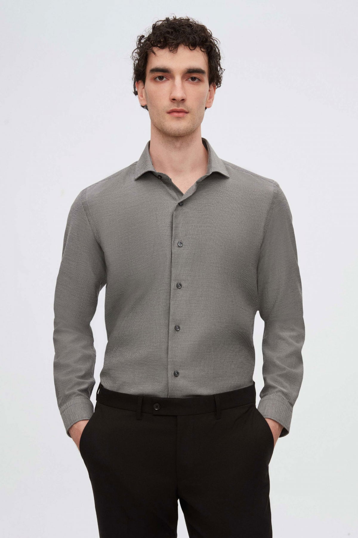 Ds Damat Slim Fit Italian Collar Textured Long-Sleeve Easy-Iron Breathable Four-Season Shirt  - Anthracite