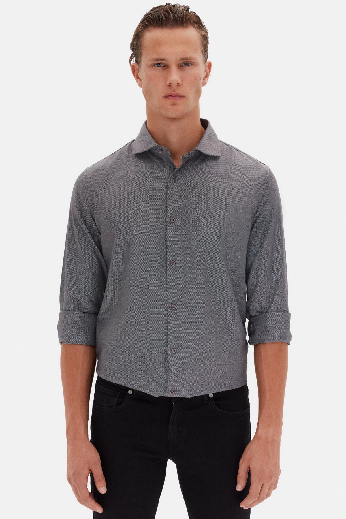 Ds Damat Slim Fit Italian Collar Textured Long-Sleeve Easy-Iron Breathable Four-Season Shirt  - Anthracite