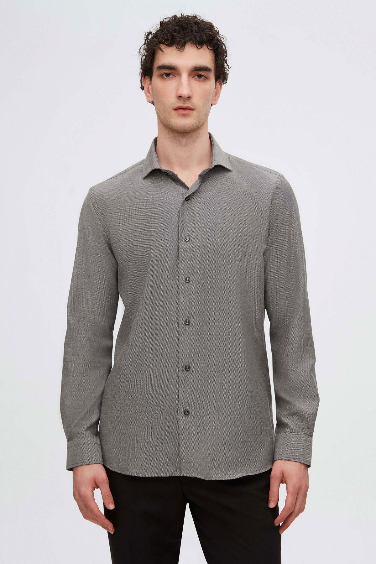 Ds Damat Slim Fit Italian Collar Textured Long-Sleeve Easy-Iron Breathable Four-Season Shirt  - Anthracite