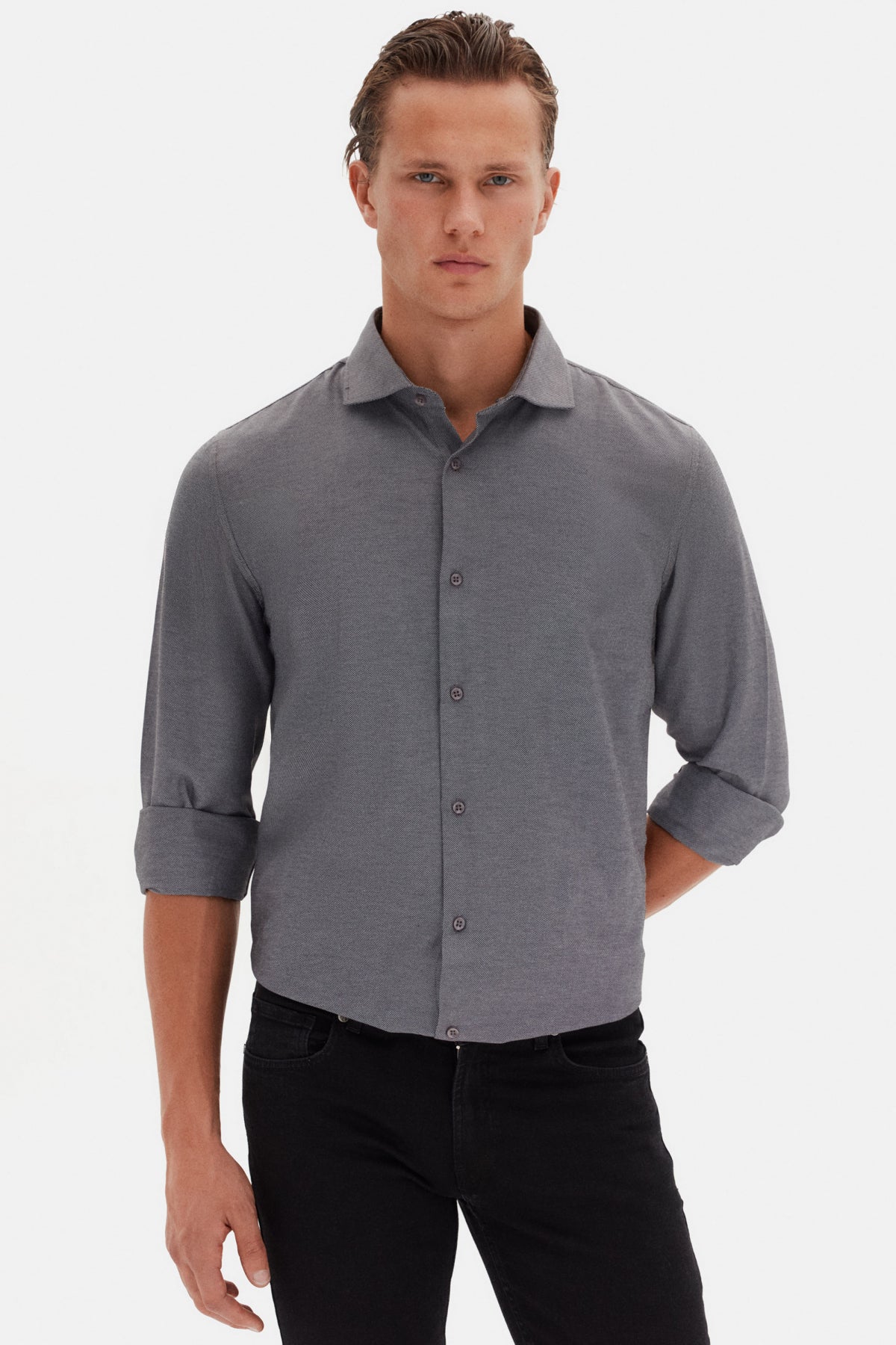 Ds Damat Slim Fit Italian Collar Textured Long-Sleeve Easy-Iron Breathable Four-Season Shirt  - Anthracite