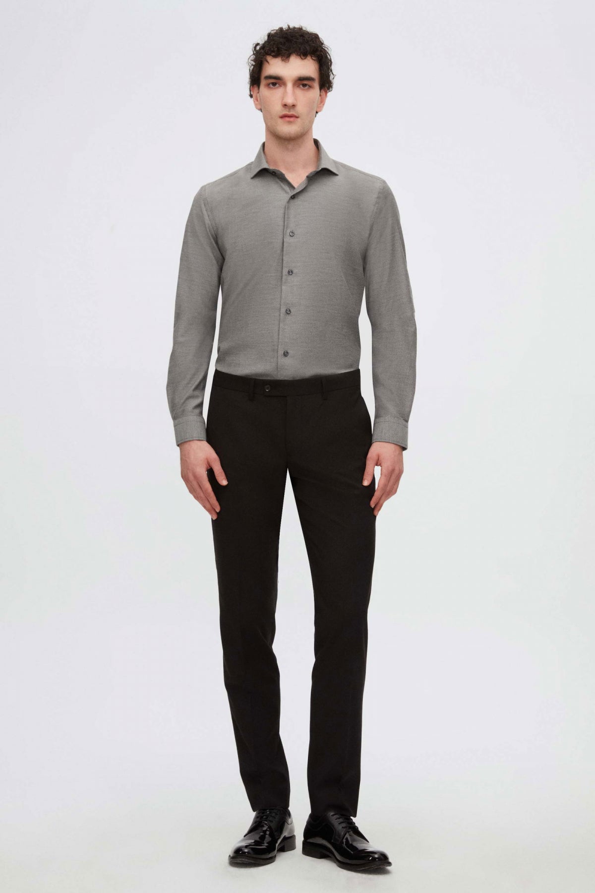 Ds Damat Slim Fit Italian Collar Textured Long-Sleeve Easy-Iron Breathable Four-Season Shirt  - Anthracite