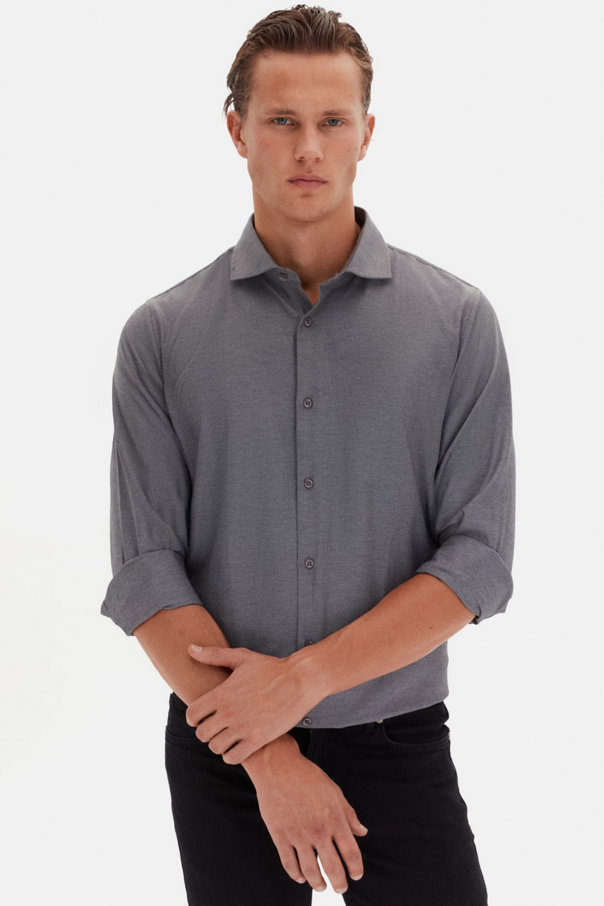 Ds Damat Slim Fit Italian Collar Textured Long-Sleeve Easy-Iron Breathable Four-Season Shirt  - Anthracite