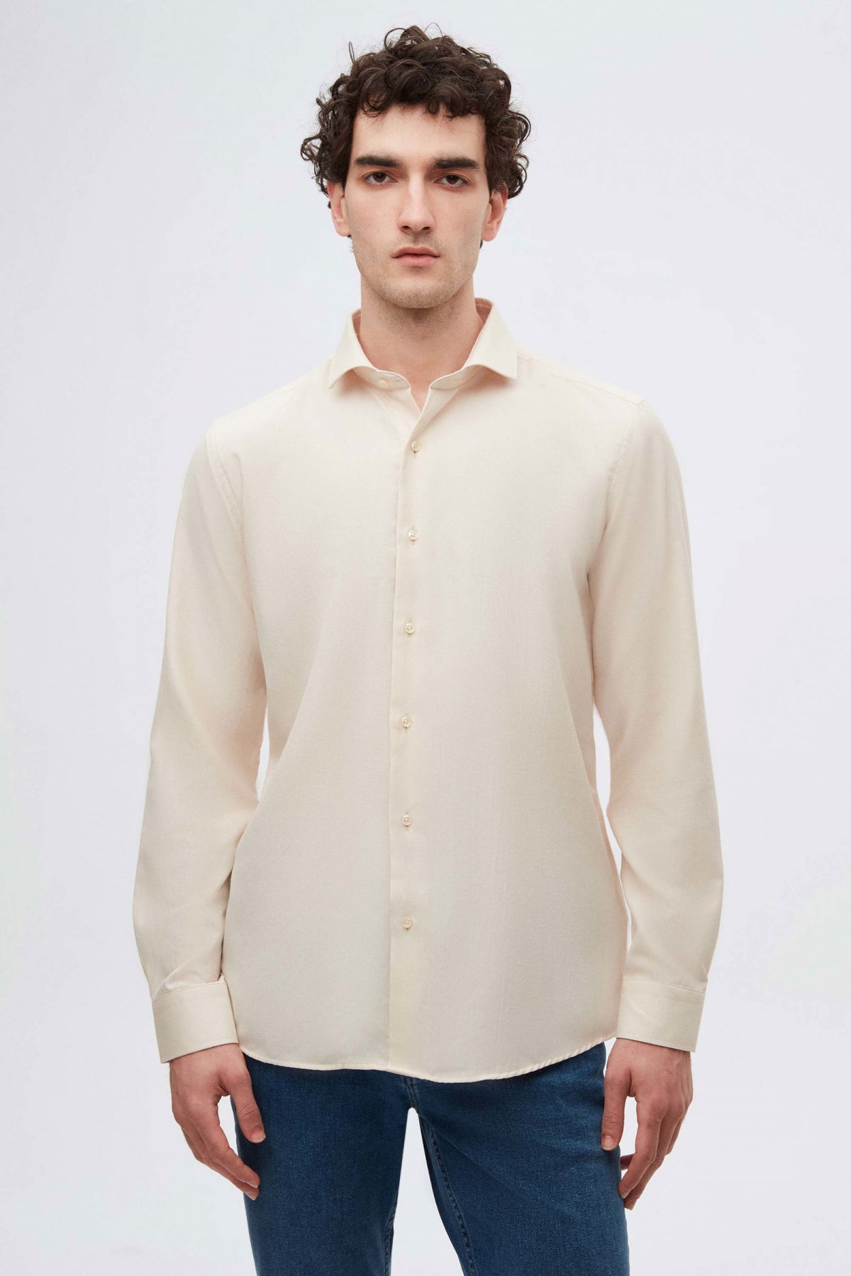 Ds Damat Slim Fit Italian Collar Textured Long-Sleeve Easy-Iron Breathable Four-Season Shirt  - Beige