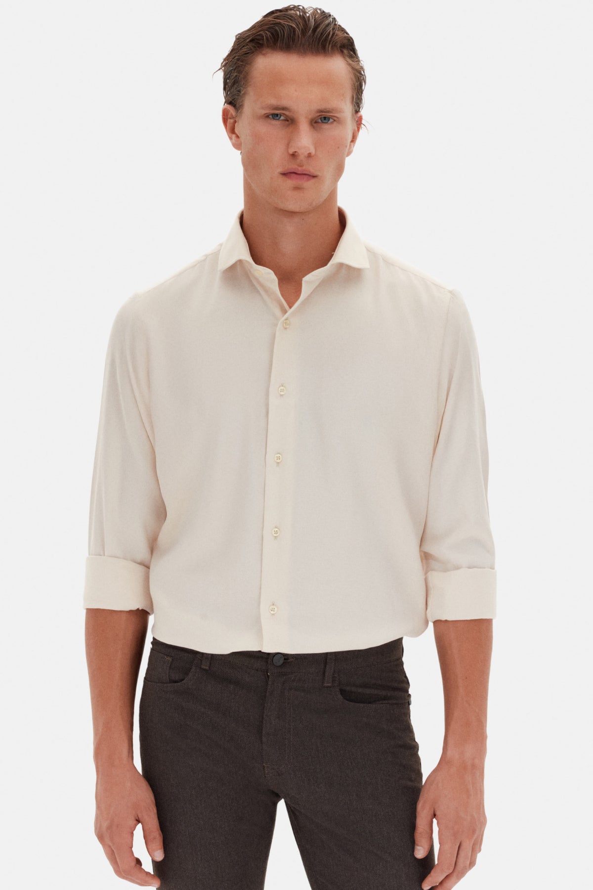 Ds Damat Slim Fit Italian Collar Textured Long-Sleeve Easy-Iron Breathable Four-Season Shirt  - Beige
