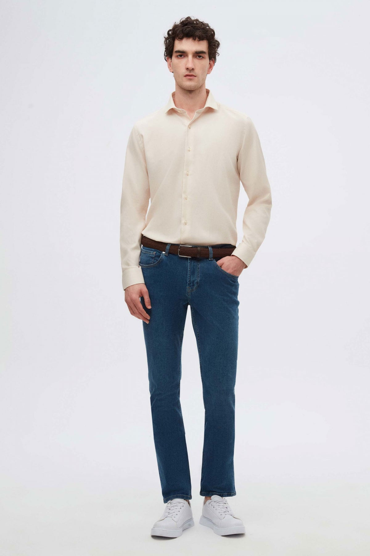 Ds Damat Slim Fit Italian Collar Textured Long-Sleeve Easy-Iron Breathable Four-Season Shirt  - Beige
