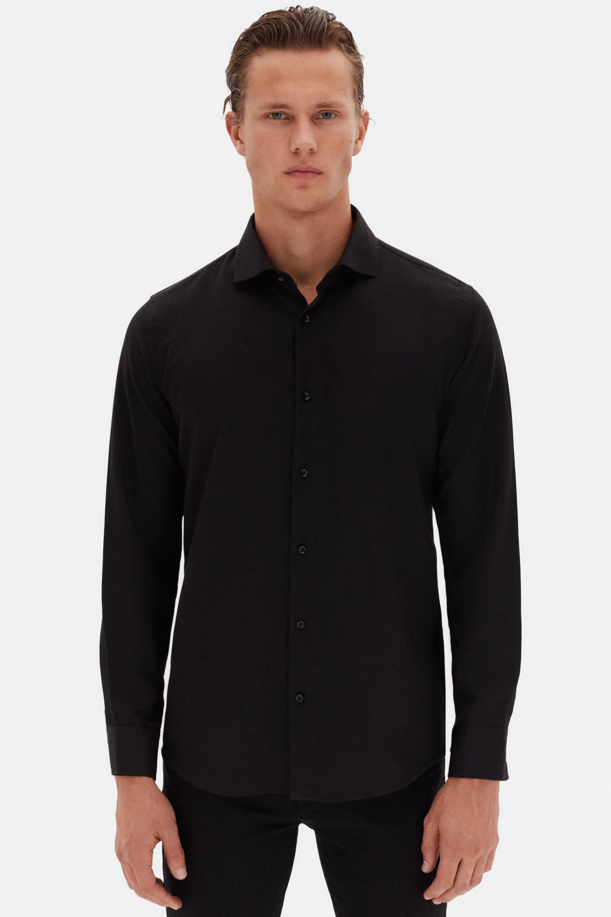 Ds Damat Slim Fit Italian Collar Textured Long-Sleeve Easy-Iron Breathable Four-Season Shirt  - Black
