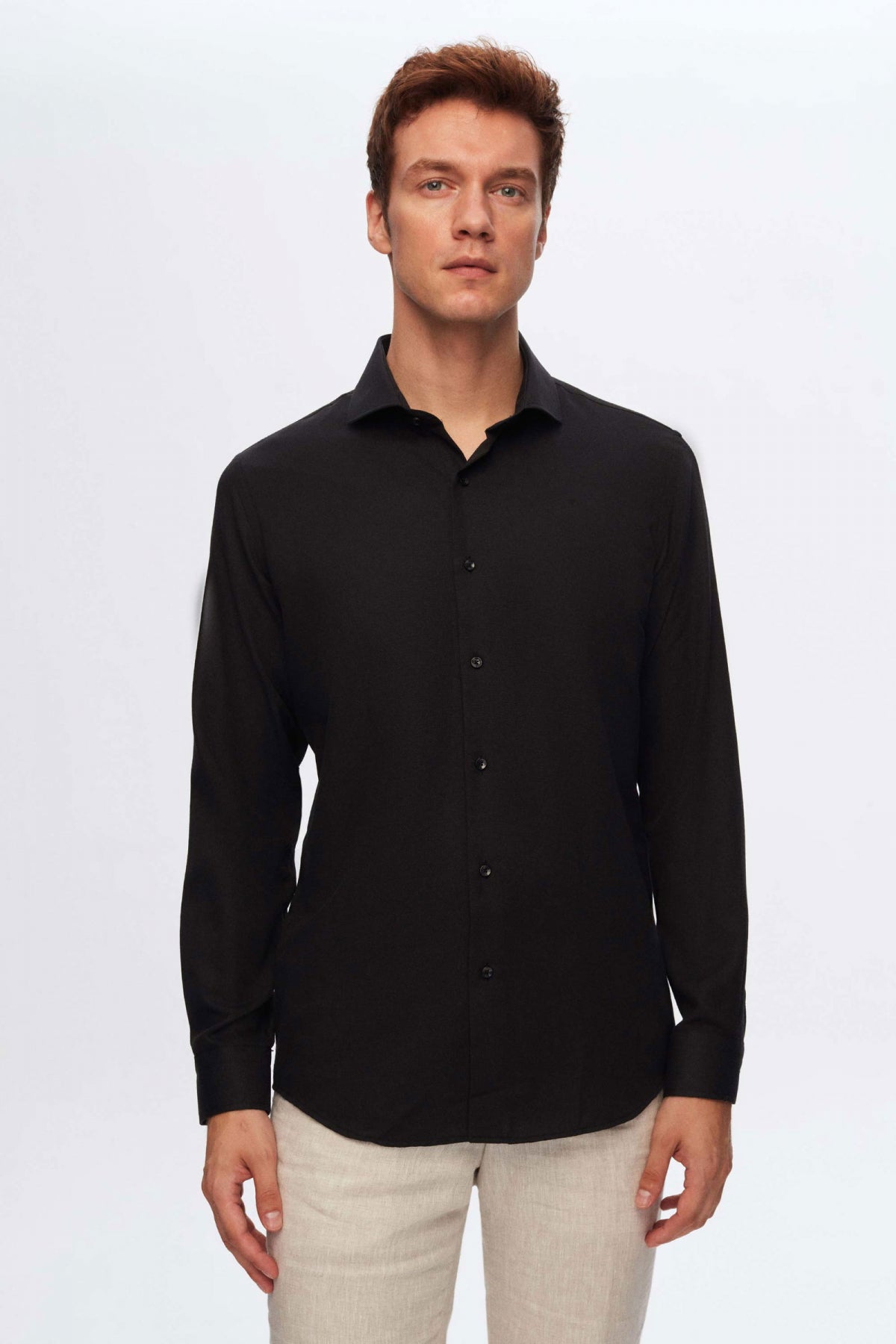 Ds Damat Slim Fit Italian Collar Textured Long-Sleeve Easy-Iron Breathable Four-Season Shirt  - Black