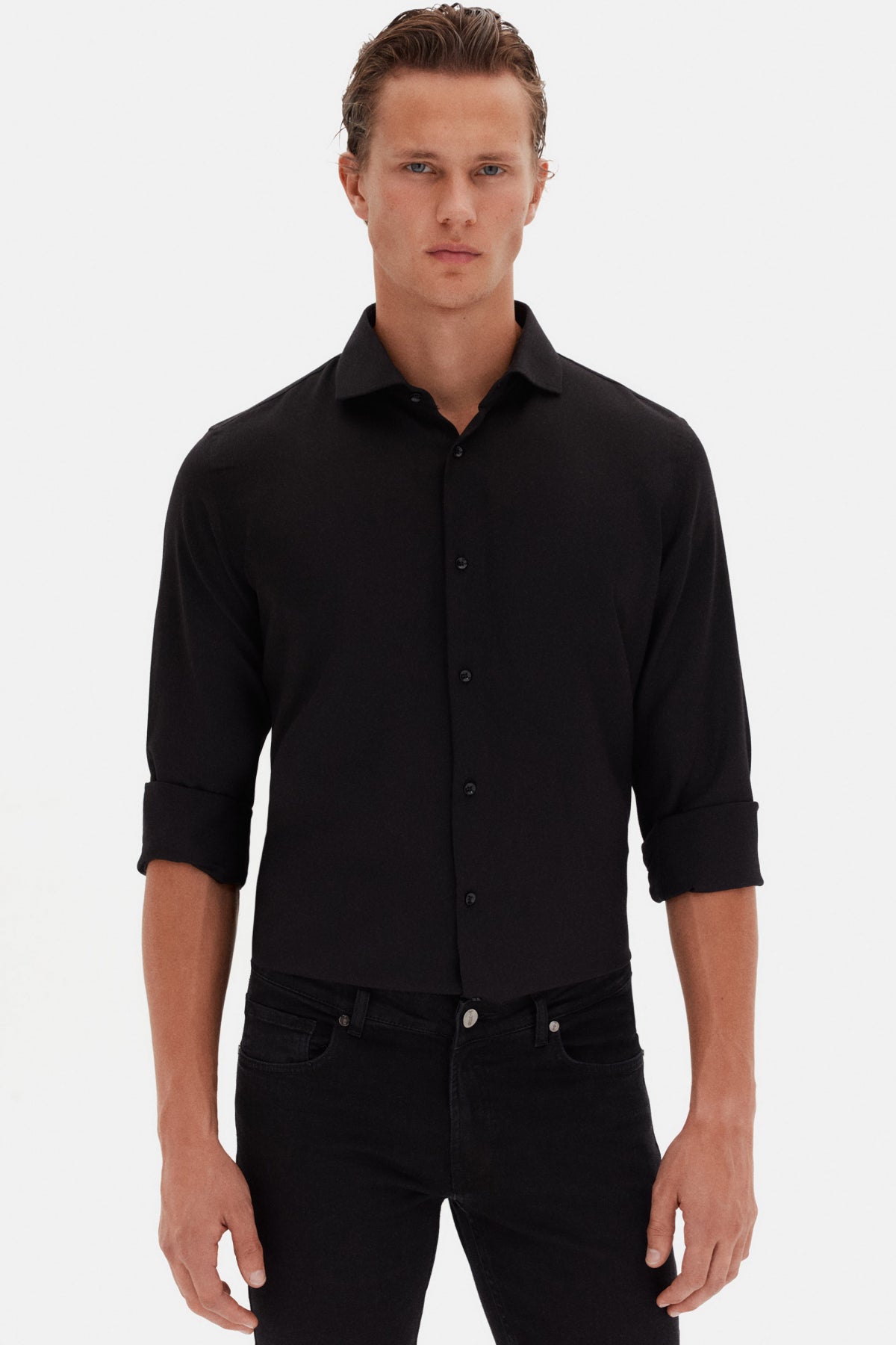 Ds Damat Slim Fit Italian Collar Textured Long-Sleeve Easy-Iron Breathable Four-Season Shirt  - Black