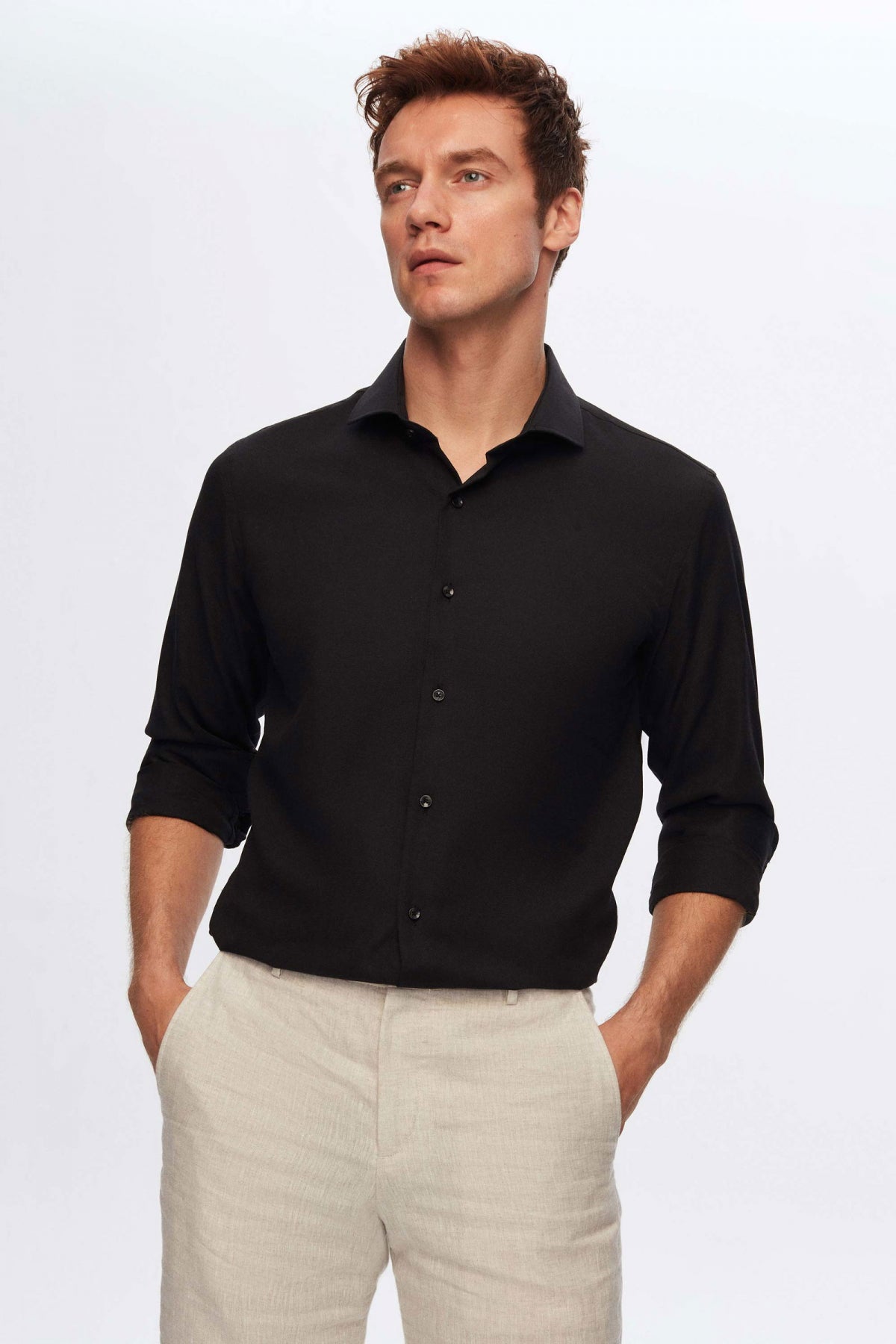 Ds Damat Slim Fit Italian Collar Textured Long-Sleeve Easy-Iron Breathable Four-Season Shirt  - Black