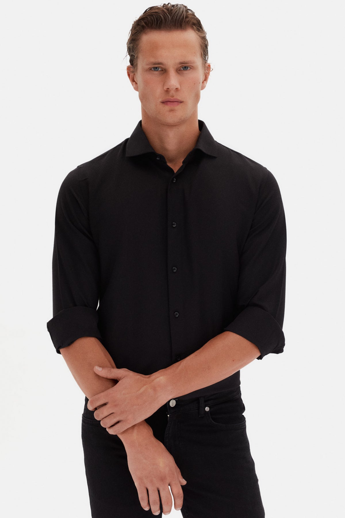 Ds Damat Slim Fit Italian Collar Textured Long-Sleeve Easy-Iron Breathable Four-Season Shirt  - Black