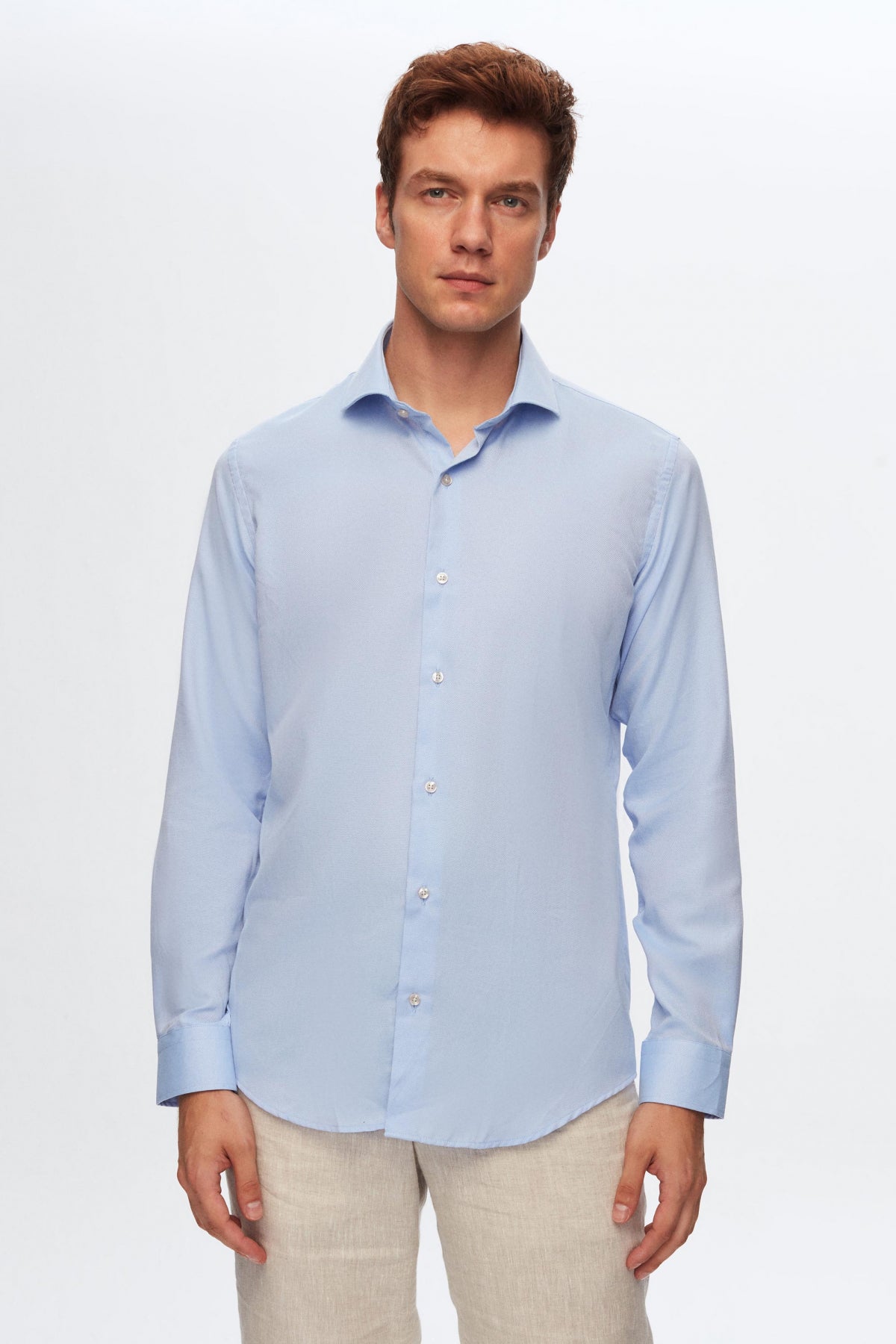 Ds Damat Slim Fit Italian Collar Textured Long-Sleeve Easy-Iron Breathable Four-Season Shirt  - Blue