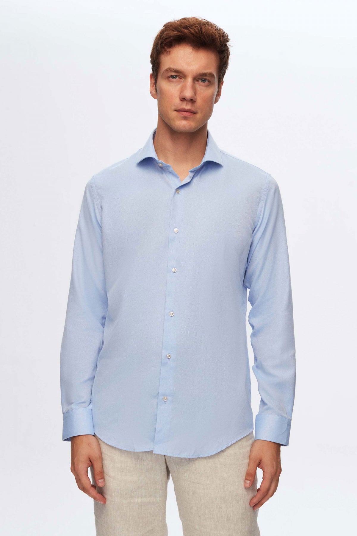 Ds Damat Slim Fit Italian Collar Textured Long-Sleeve Easy-Iron Breathable Four-Season Shirt  - Blue