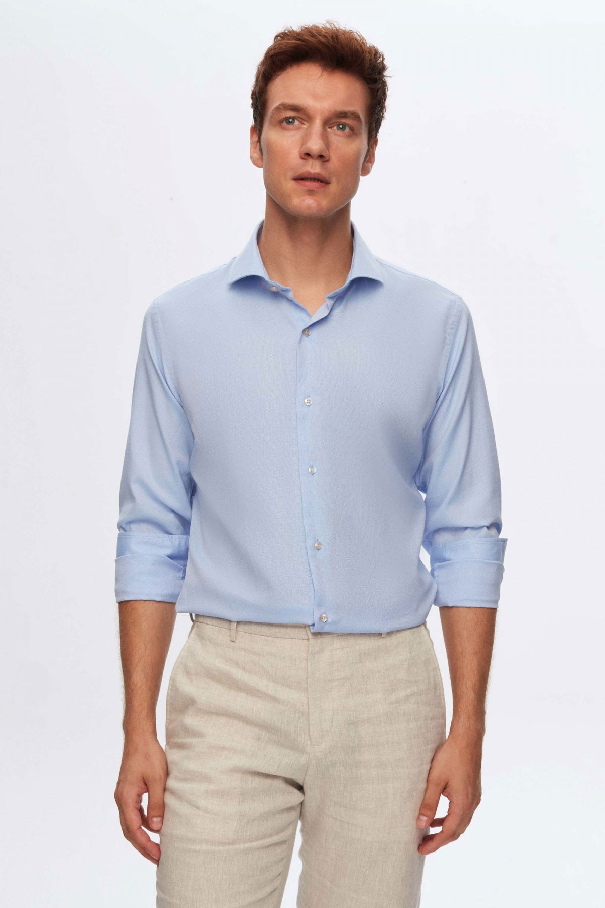 Ds Damat Slim Fit Italian Collar Textured Long-Sleeve Easy-Iron Breathable Four-Season Shirt  - Blue
