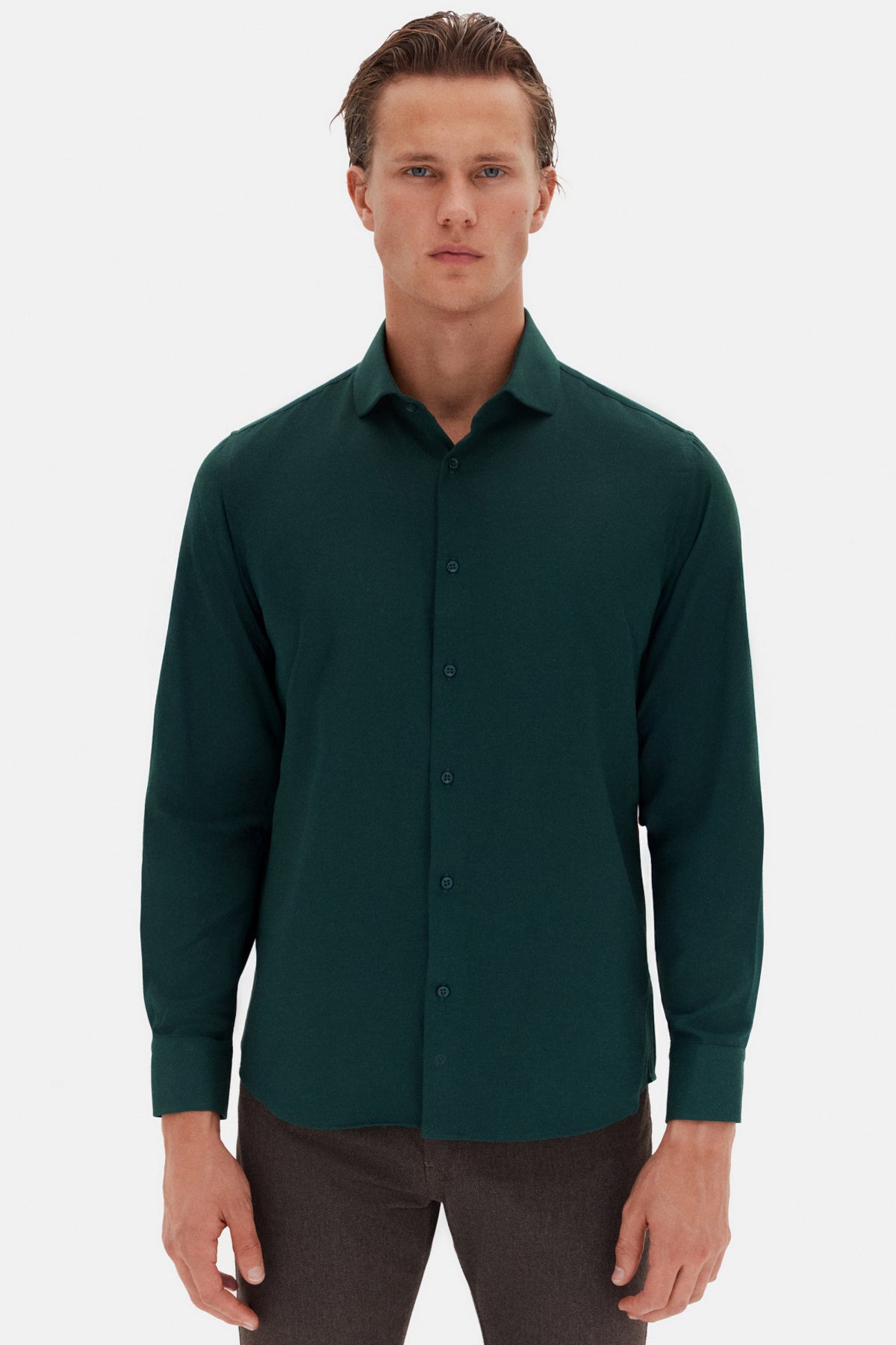 Ds Damat Slim Fit Italian Collar Textured Long-Sleeve Easy-Iron Breathable Four-Season Shirt  - Dark Green
