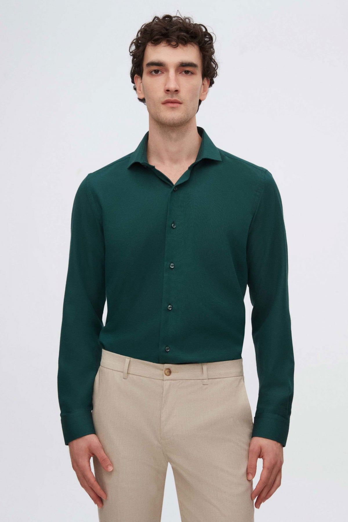 Ds Damat Slim Fit Italian Collar Textured Long-Sleeve Easy-Iron Breathable Four-Season Shirt  - Dark Green