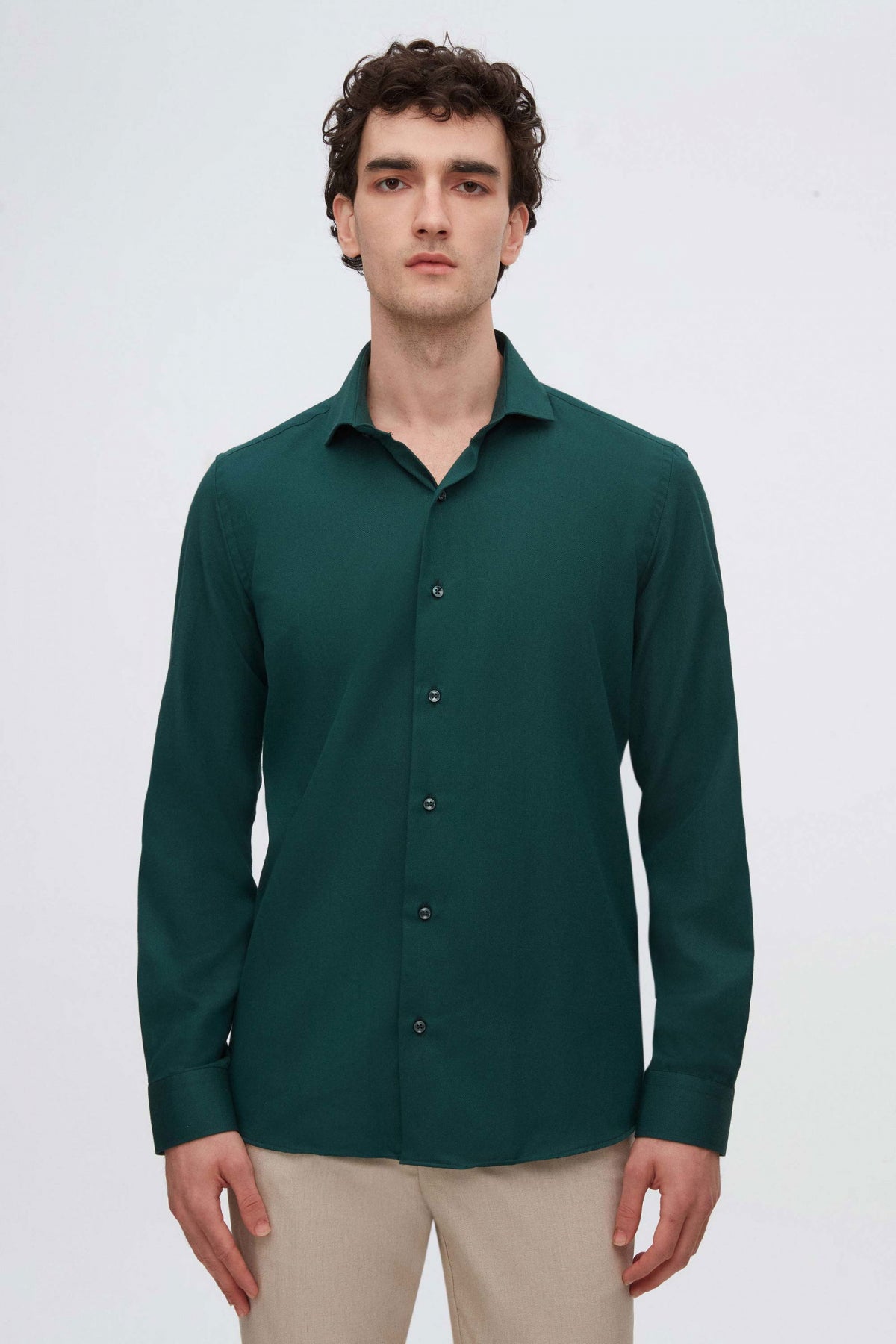 Ds Damat Slim Fit Italian Collar Textured Long-Sleeve Easy-Iron Breathable Four-Season Shirt  - Dark Green