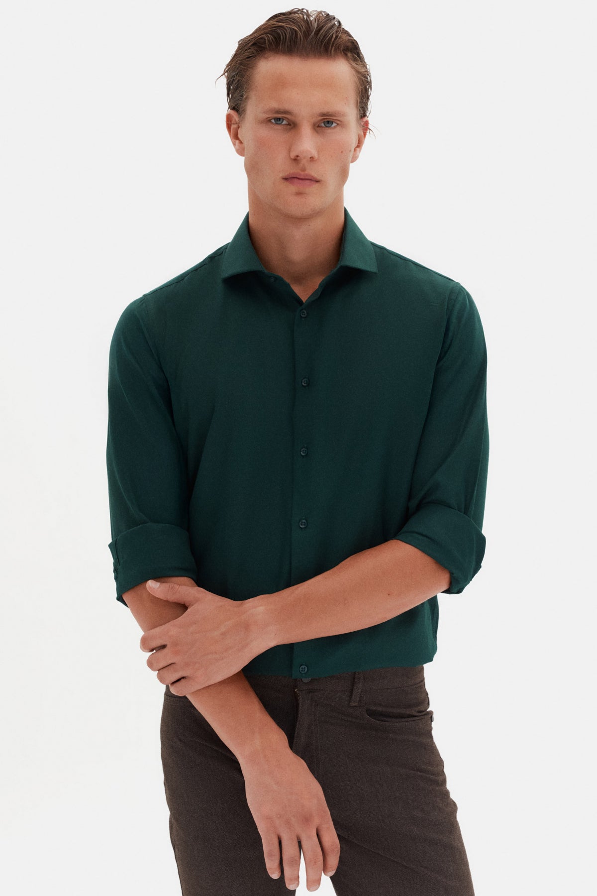 Ds Damat Slim Fit Italian Collar Textured Long-Sleeve Easy-Iron Breathable Four-Season Shirt  - Dark Green