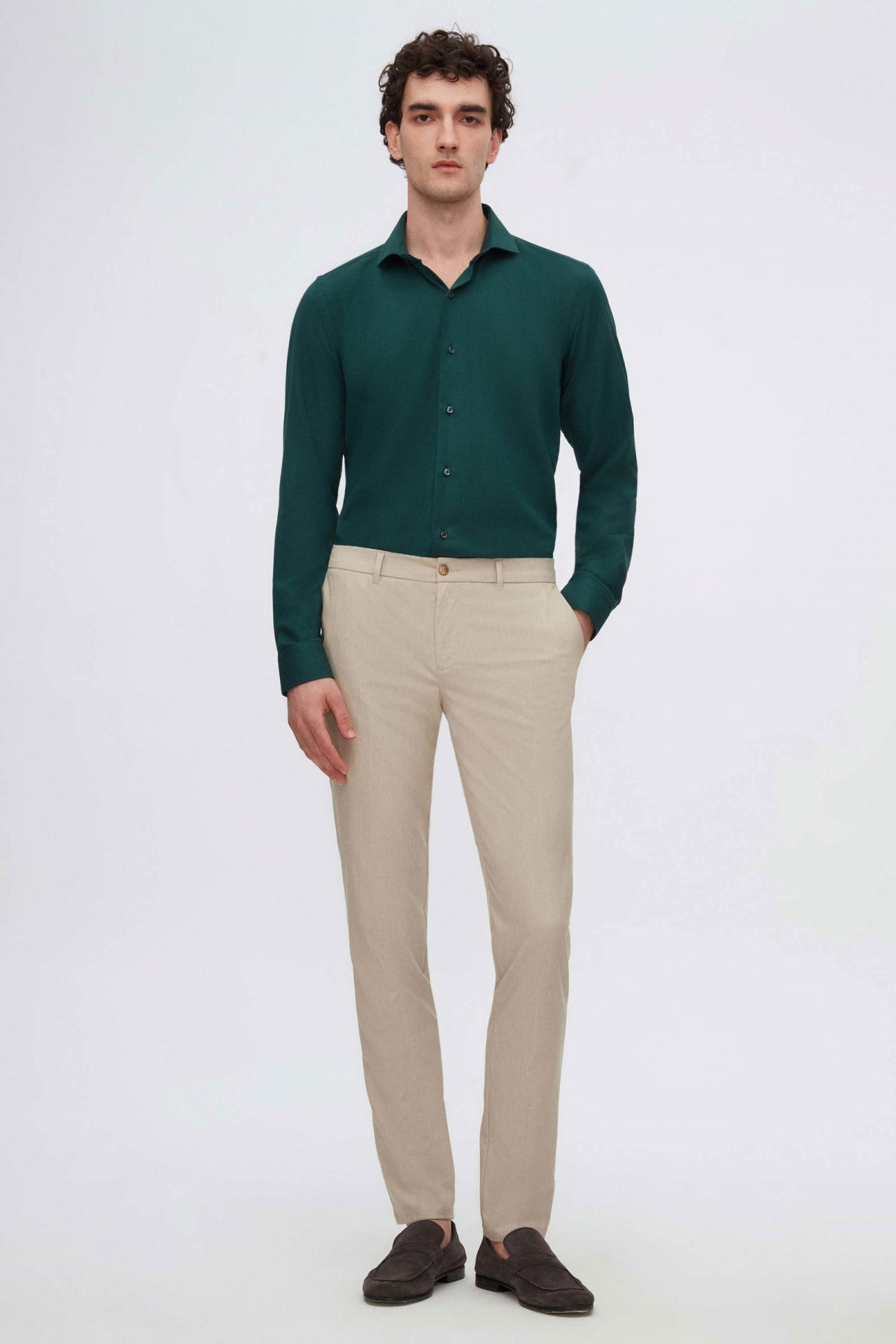 Ds Damat Slim Fit Italian Collar Textured Long-Sleeve Easy-Iron Breathable Four-Season Shirt  - Dark Green