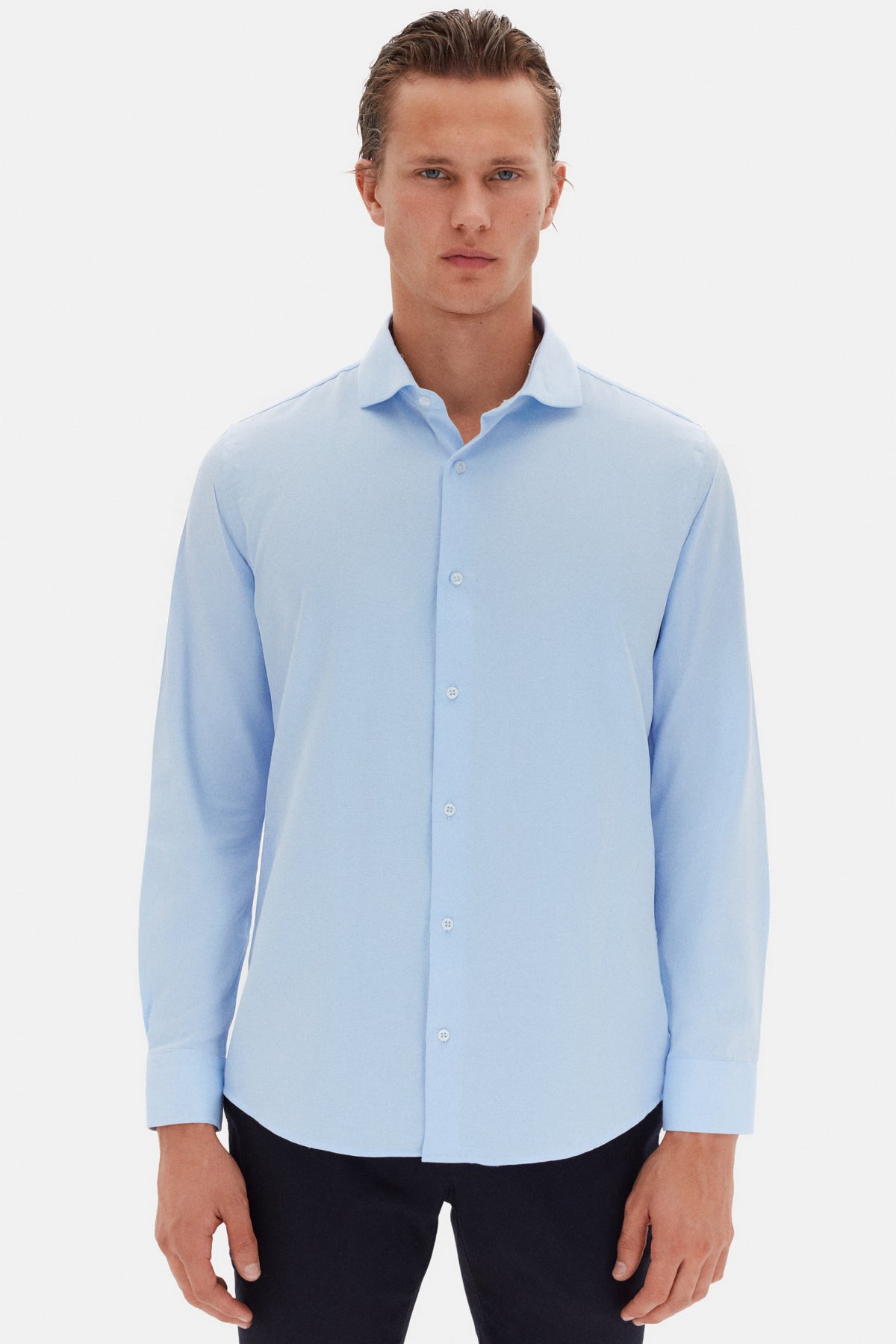 Ds Damat Slim Fit Italian Collar Textured Long-Sleeve Easy-Iron Breathable Four-Season Shirt  - Light Blue
