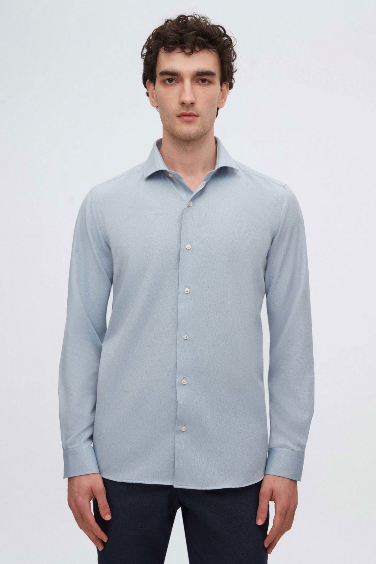 Ds Damat Slim Fit Italian Collar Textured Long-Sleeve Easy-Iron Breathable Four-Season Shirt  - Light Blue