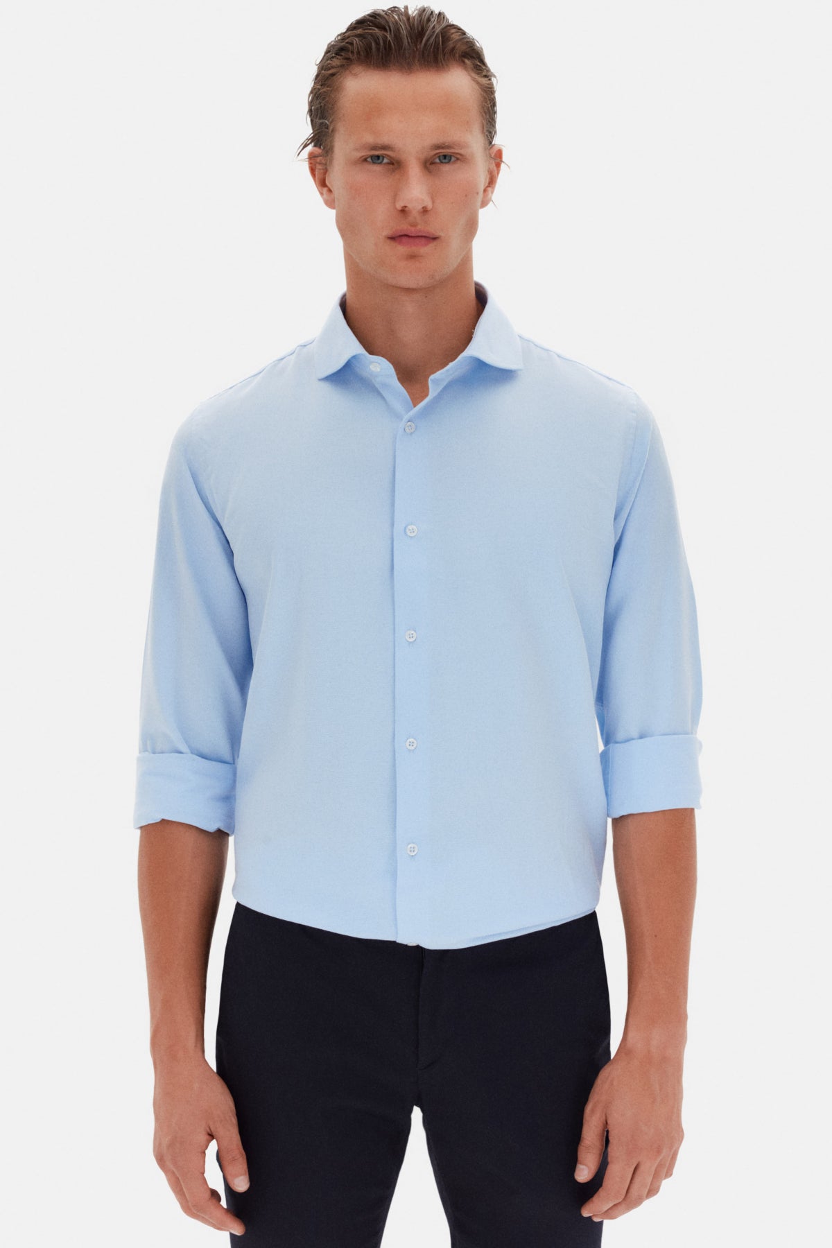 Ds Damat Slim Fit Italian Collar Textured Long-Sleeve Easy-Iron Breathable Four-Season Shirt  - Light Blue