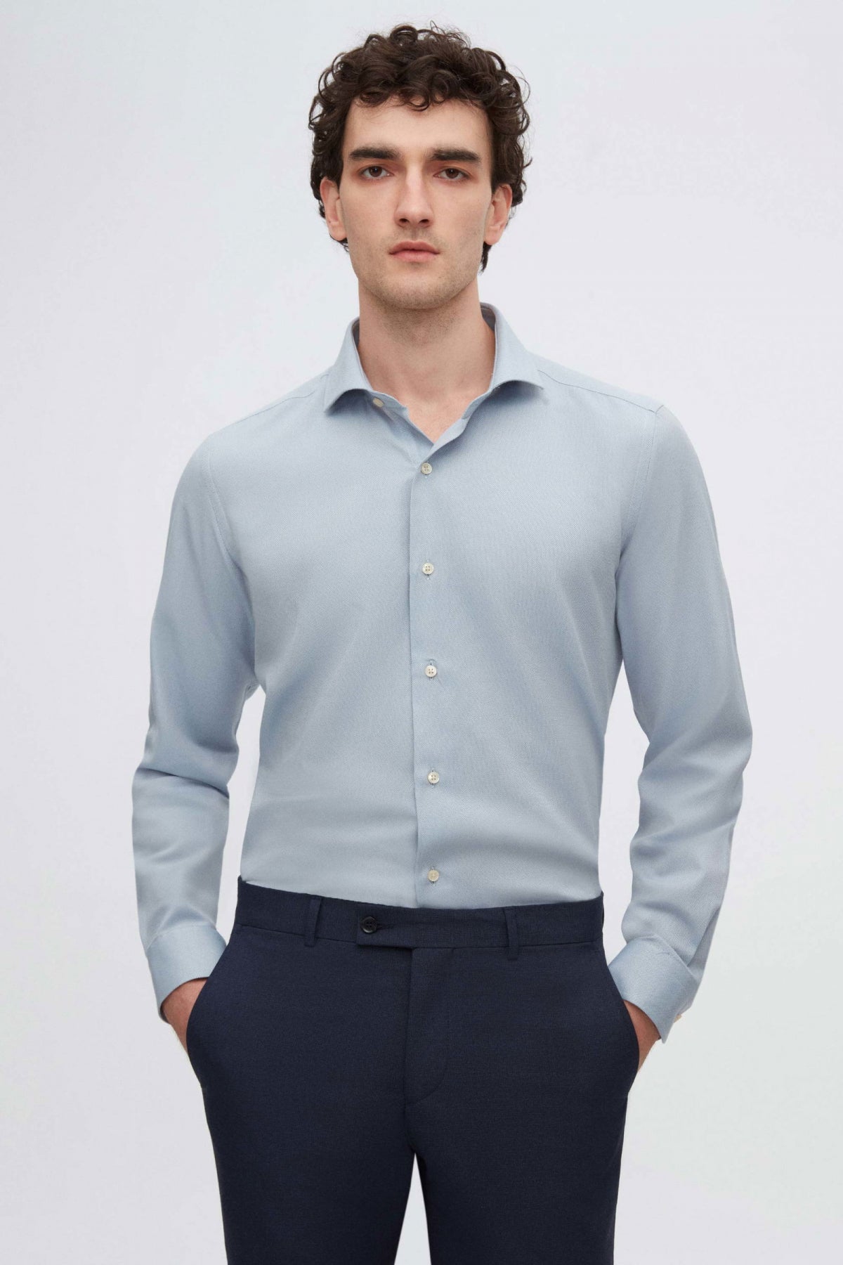 Ds Damat Slim Fit Italian Collar Textured Long-Sleeve Easy-Iron Breathable Four-Season Shirt  - Light Blue