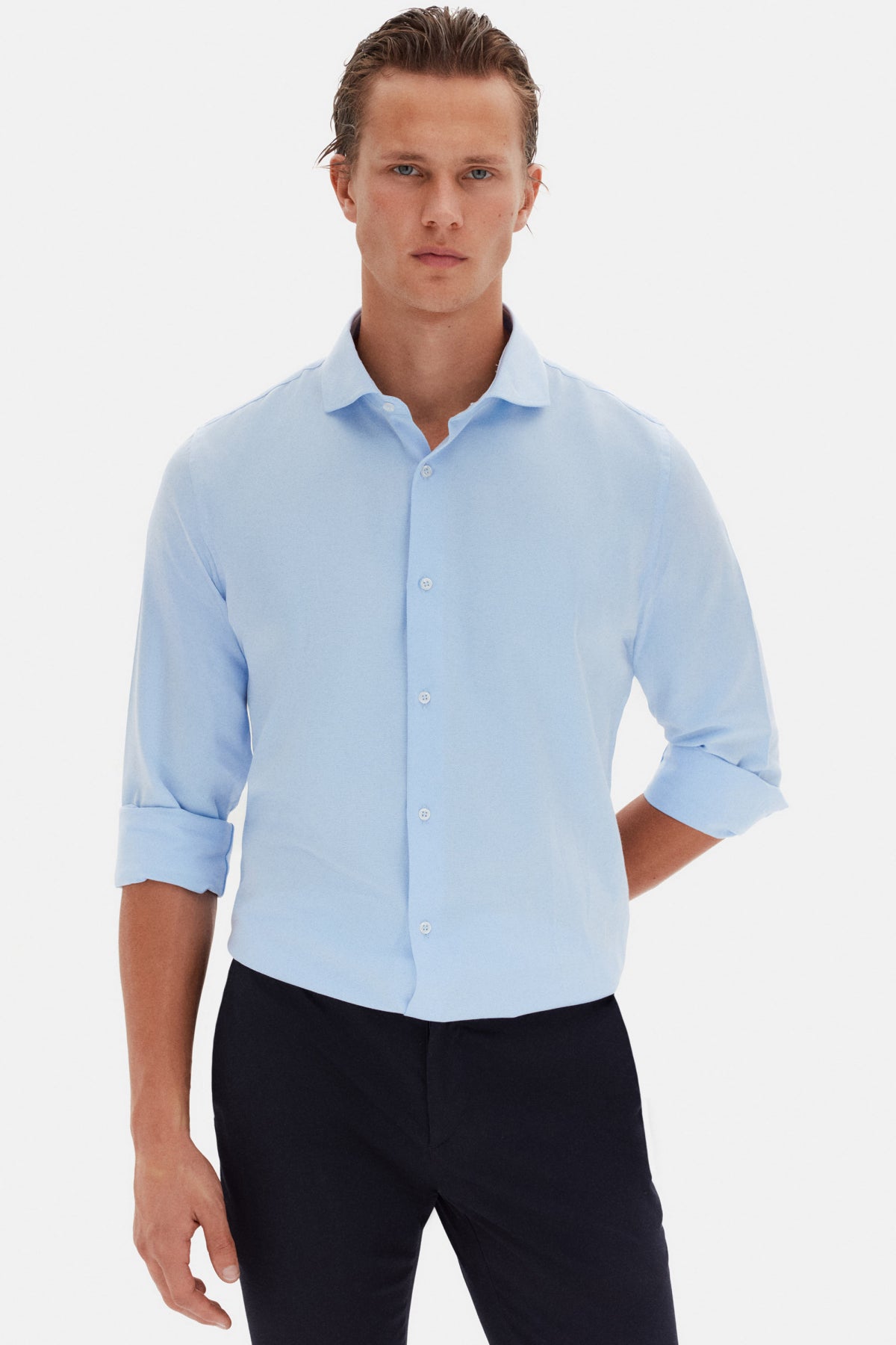 Ds Damat Slim Fit Italian Collar Textured Long-Sleeve Easy-Iron Breathable Four-Season Shirt  - Light Blue