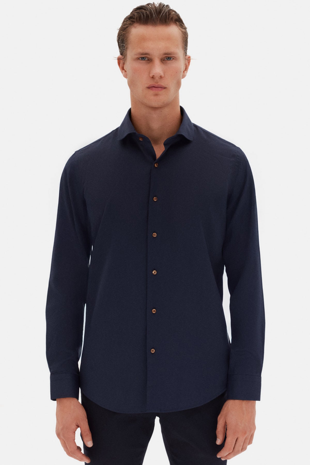 Ds Damat Slim Fit Italian Collar Textured Long-Sleeve Easy-Iron Breathable Four-Season Shirt  - Navy Blue