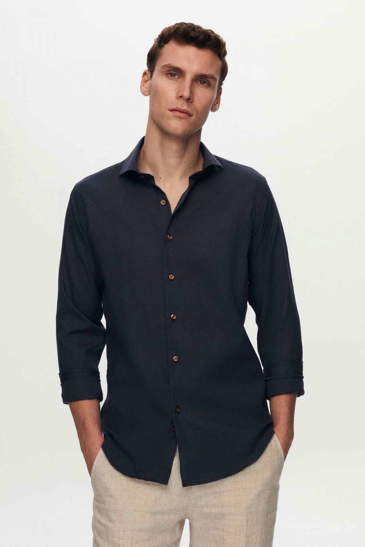 Ds Damat Slim Fit Italian Collar Textured Long-Sleeve Easy-Iron Breathable Four-Season Shirt  - Navy Blue